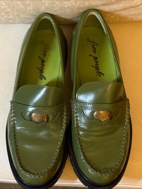 Free People Liv Olive Green Leather Penny Loafers with Gold Accent